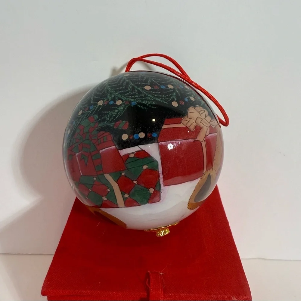 Christmas House Hand Painted Large Glass Ornament Teddy Bear Red Box